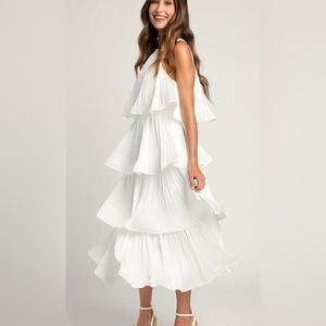 Lulus Tier and Far White Tiered Pleated Halter Midi Dress - Size Small